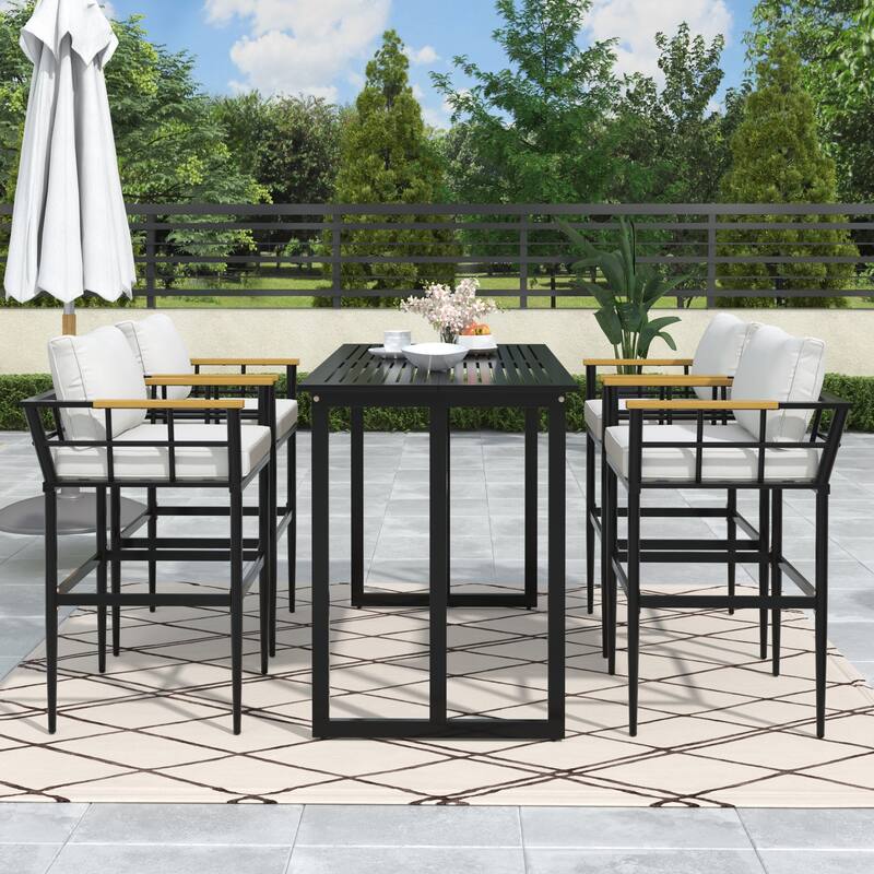 Outdoor Patio Metal Dining Set with Acacia Wood Armrest Suitable for Patio, Balcony or Backyard