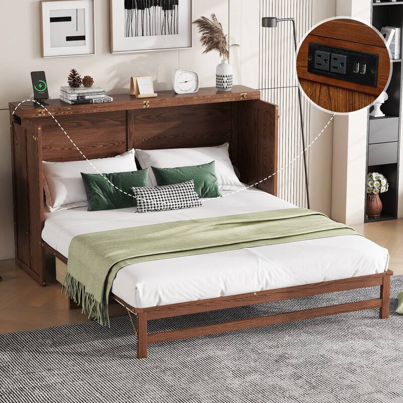 Murphy Bed Cabinet Queen with Storage Drawer and Charging Station, USB Port, Solid Pine Murphy Bedframe for Home Office