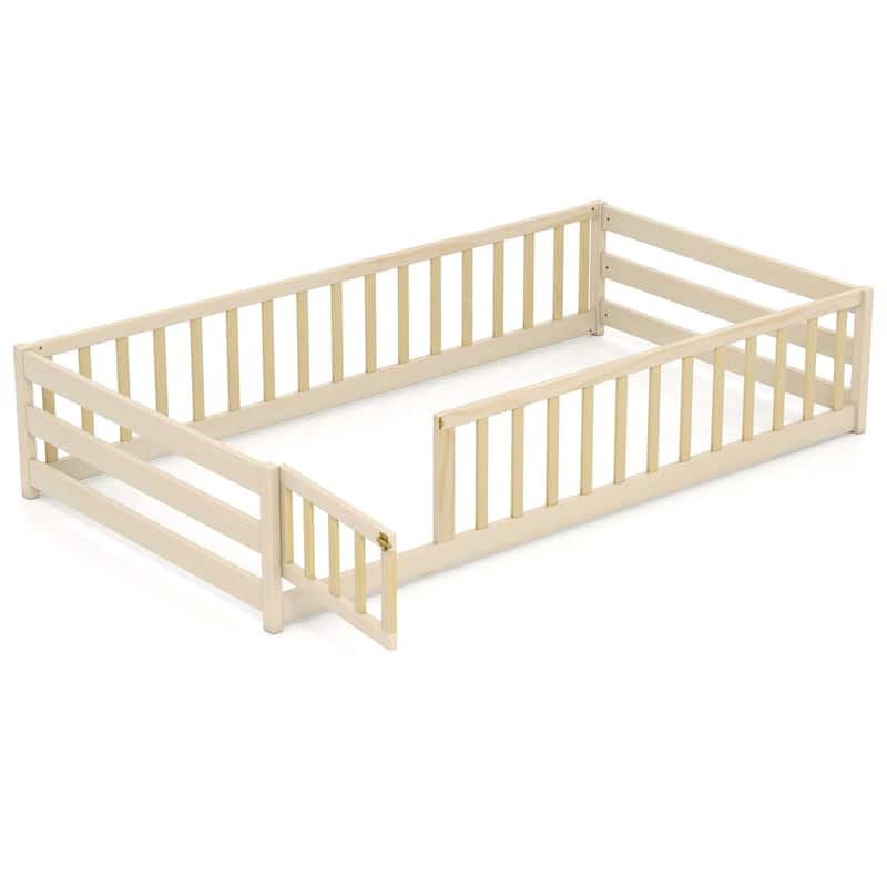 Costway Twin Size Floor Bed with Door & Fence with Safety Guardrails &