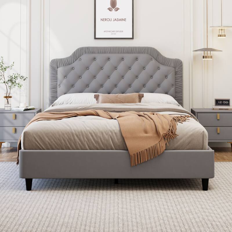 Luxurious Velvet Platform Bed Frame with Tufted & Pleated Headboard, Sturdy Wood Base - Full, Queen, King