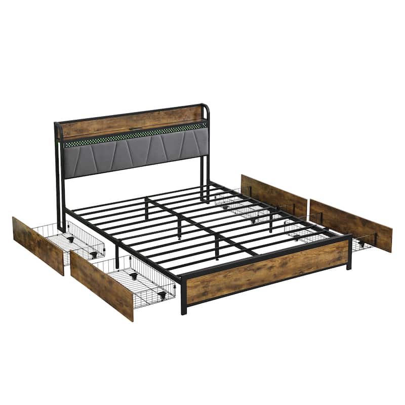 Bed Frame, Storage Headboard with Charging Station and 4 Storage Drawers,LED Lights