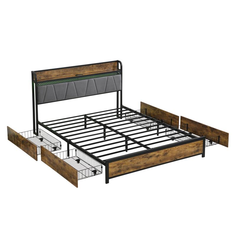 Full Size Metal Storage Bed Frame w/ Storage Headboard & Charging Station and 4 Storage Drawers, LED Lights, Brown