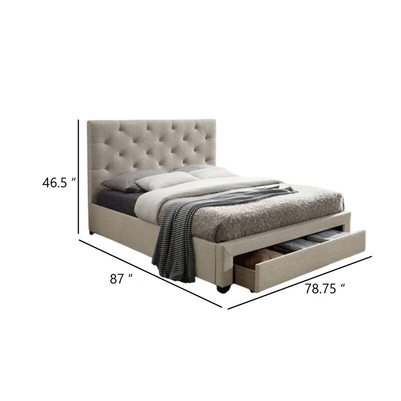Sya King Size Bed w Button Tufted Upholstery, Underbed Storage, Beige
