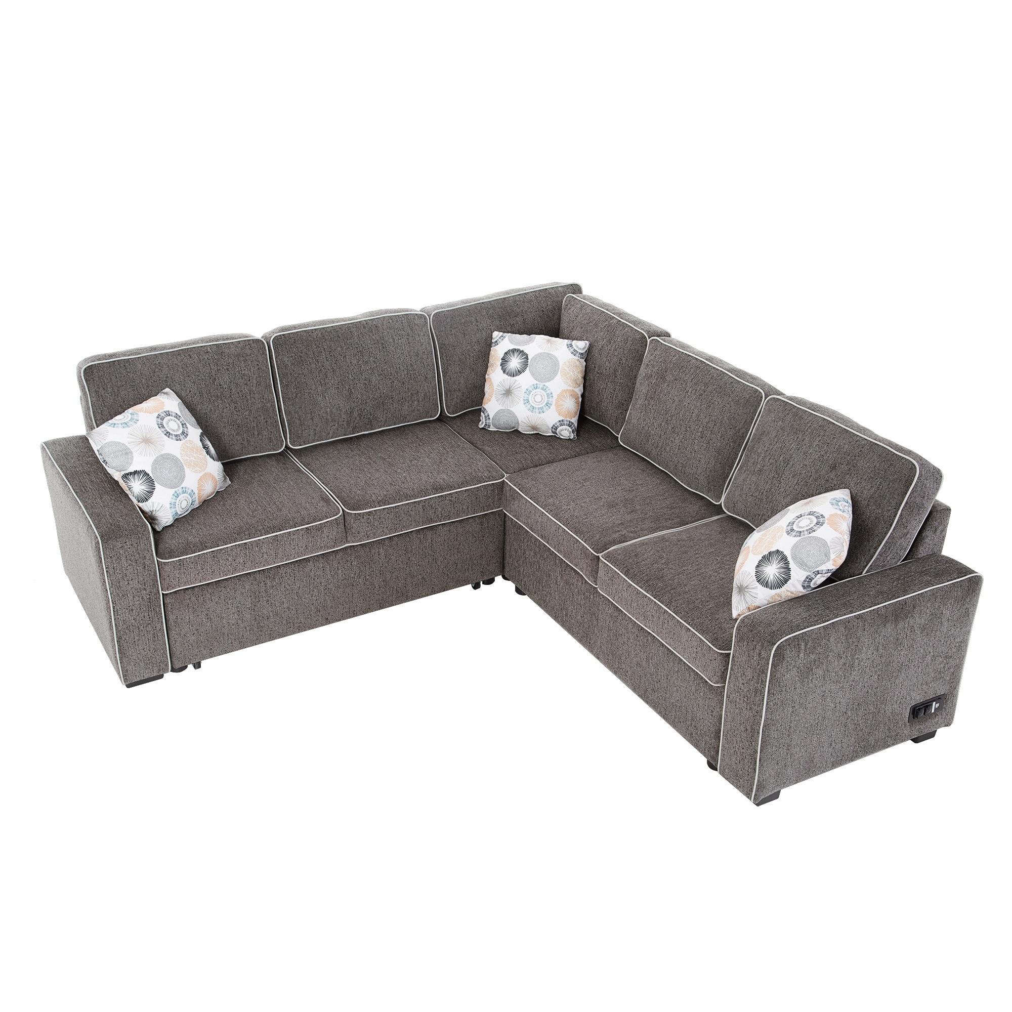 LShape Grey Sectional Sofa Pull Out Sleeper Sofa Bed with USB Ports