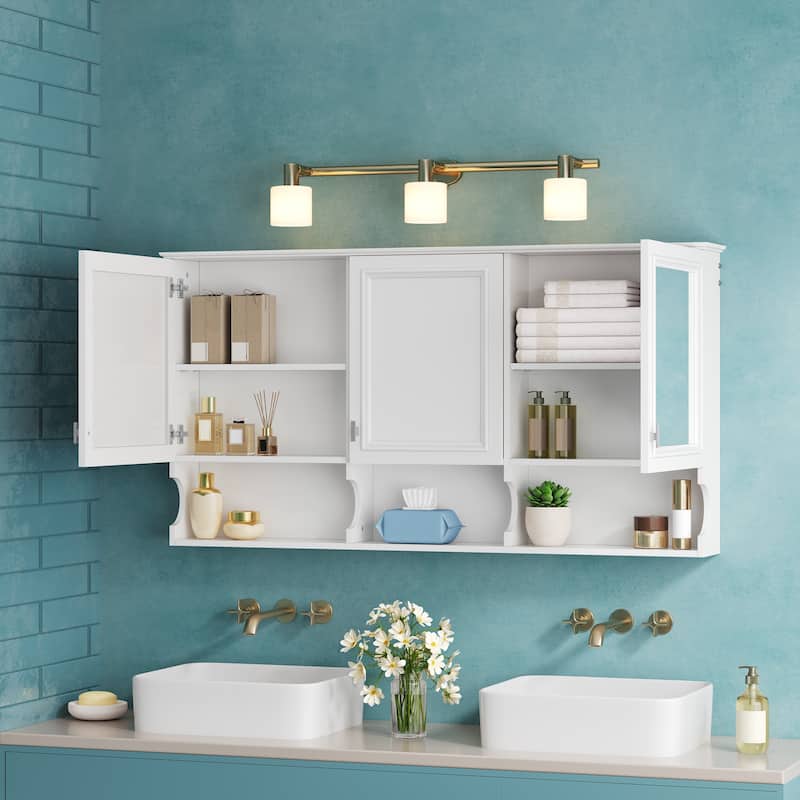 55 Inch Mirror Medicine Cabinet with Open Shelves - Wall Mounted Storage with Doors & Adjustable Shelf for Bathroom