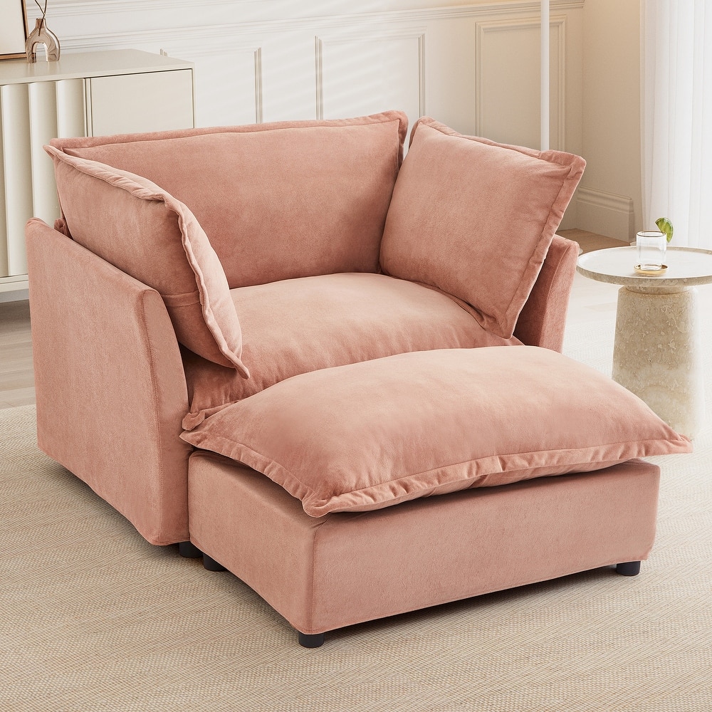 Modern Armchair Sofa 47" Cozy Upholstered Sofa Chair With Movable Ottoman, Wide Seat, Curved Armrests And Soft Pillows