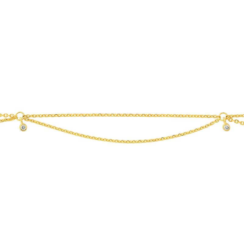 Curata 14k Yellow Gold 10" 3 Diamond 0.05 Dwt Double Strand Adjustable Anklet