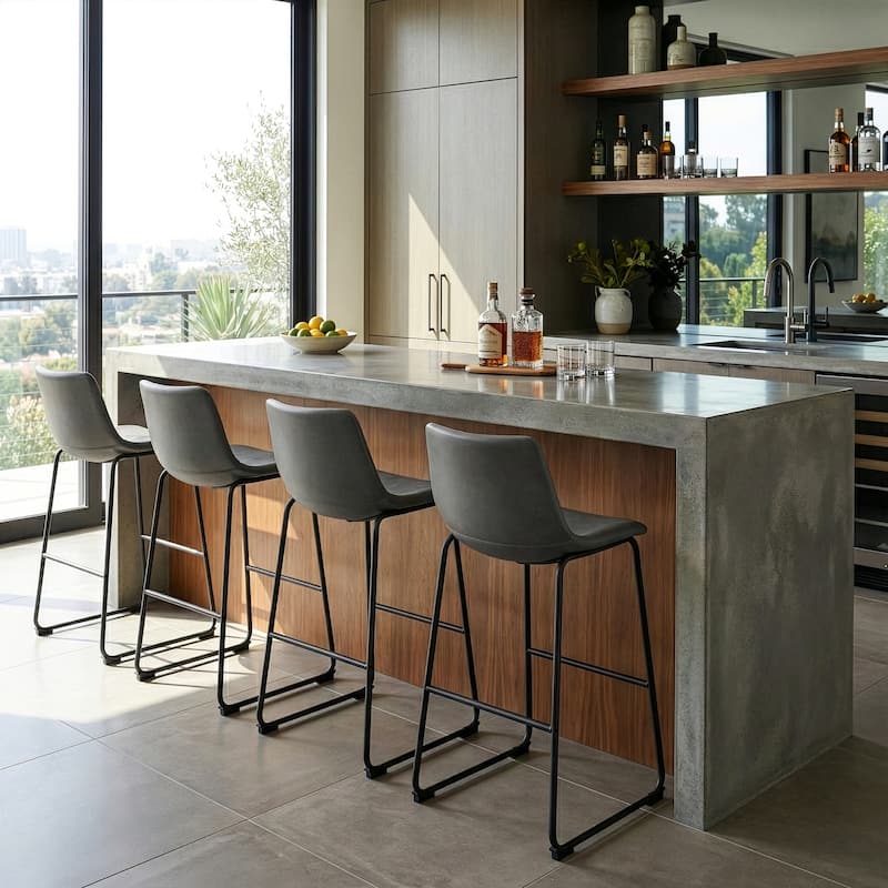 Set of 2 Ave Iron Frame Grey Faux Leather Bar Stool with Stitching