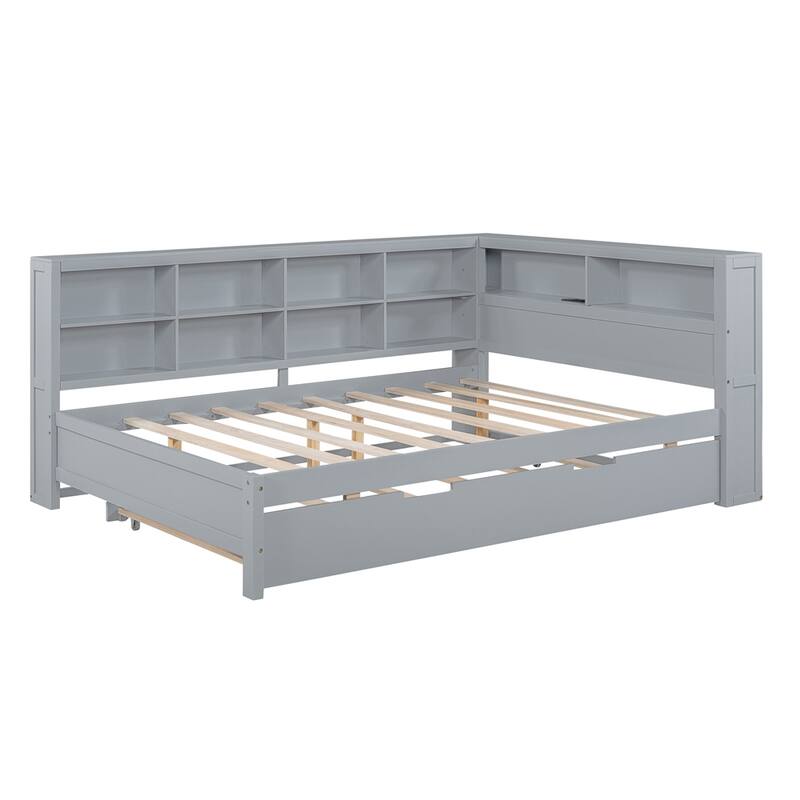 Wooden Full Size DayBed with Twin Size Trundle, USB Charging Ports