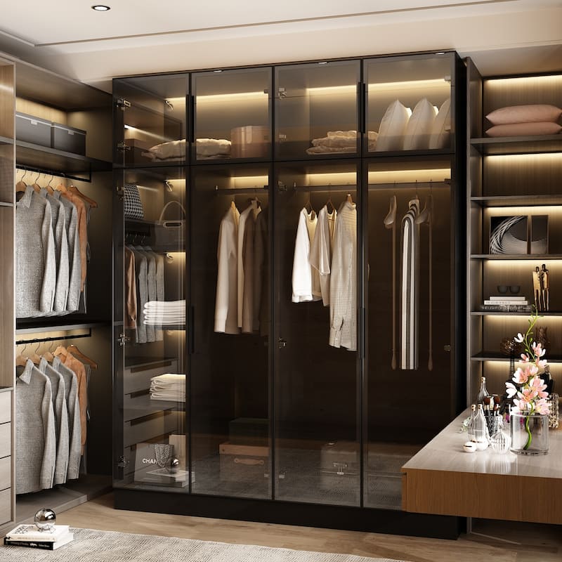 Sleek Bedroom Wardrobe with Three-Color LED Closet Cabinet Armoires - 59.1"x74.8"