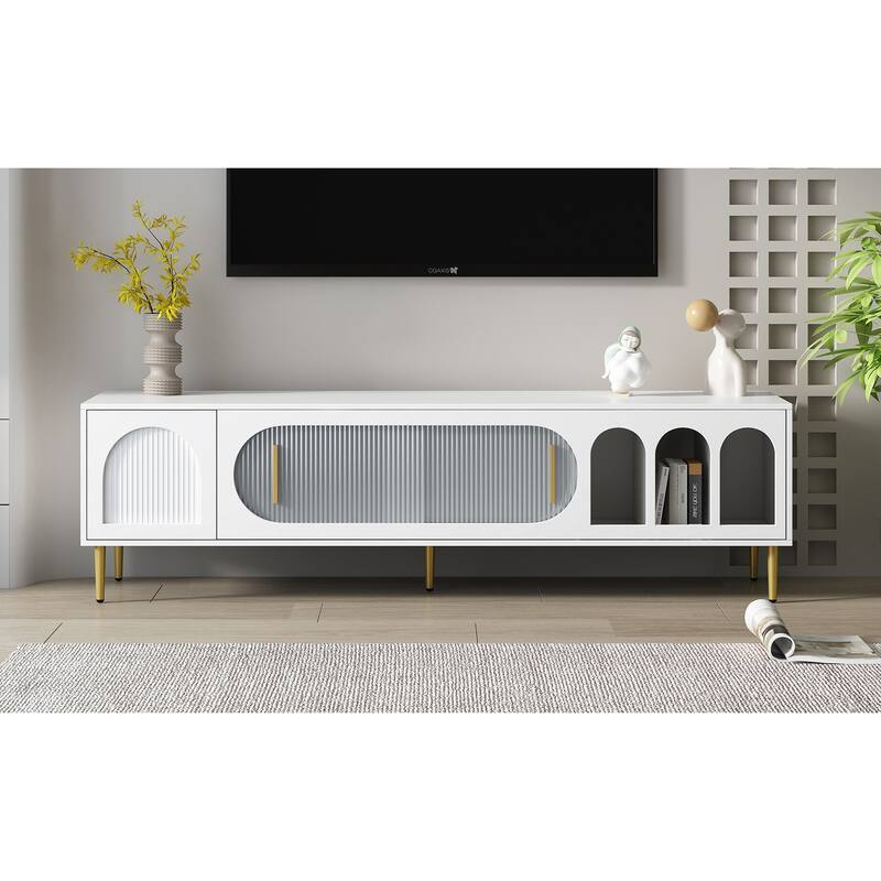 Modern TV Stand with Arched Shelves, Sliding Acrylic Door, Golden Metal Handles, and Ample Storage, Fits TVs up to 70 Inches.