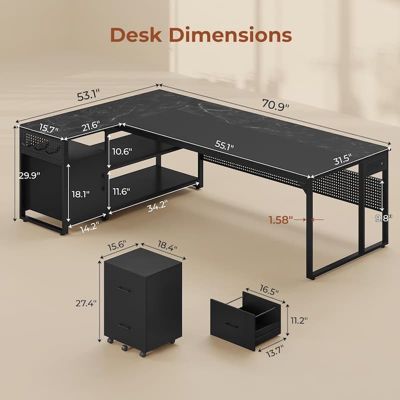 Executive Desk L Shaped Desk File Drawers Power Outlets Computer Desk