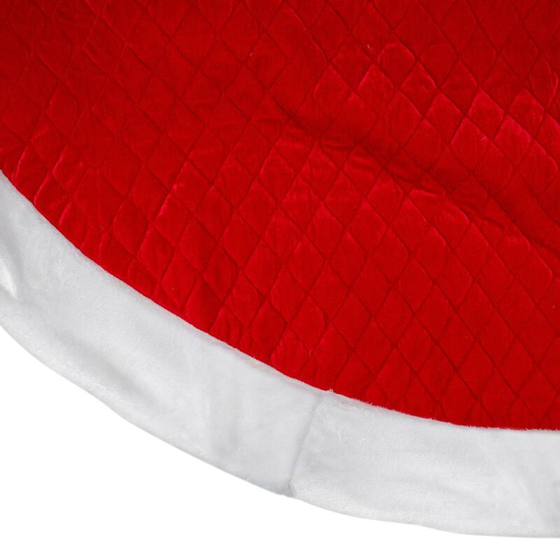 72" Red and White Quilted Christmas Tree Skirt with Faux Fur Trim