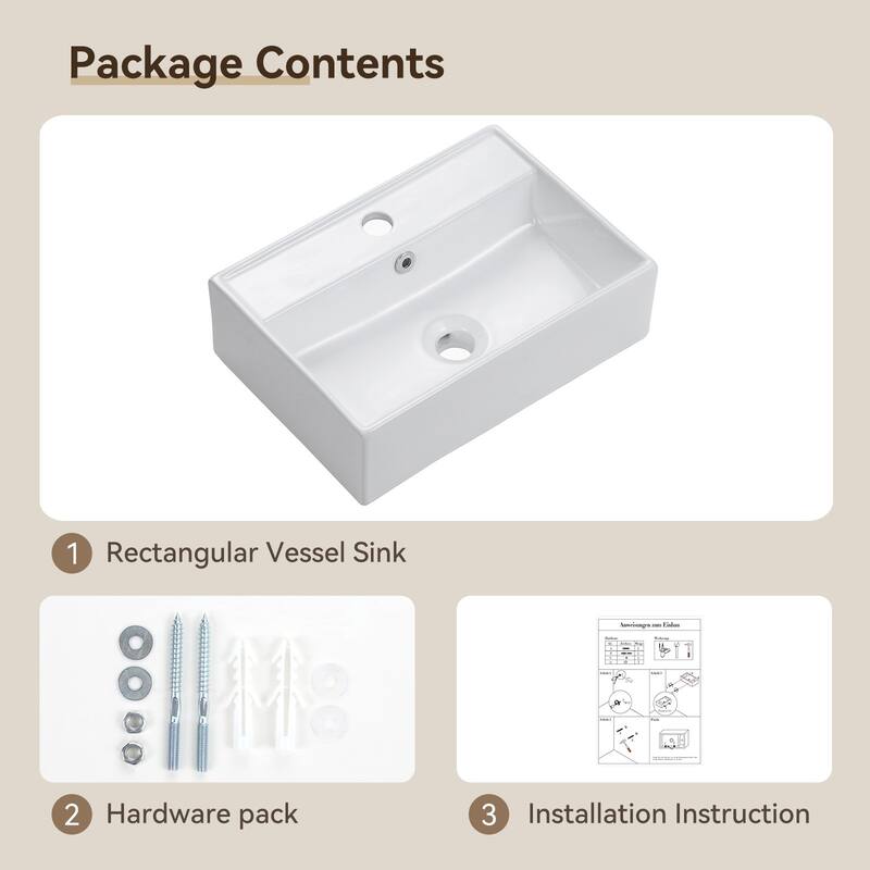 HOROW Rectangular Wall-Mount Install or On Countertop Bathroom Sink 17.72 in. with Single Faucet Hole in White