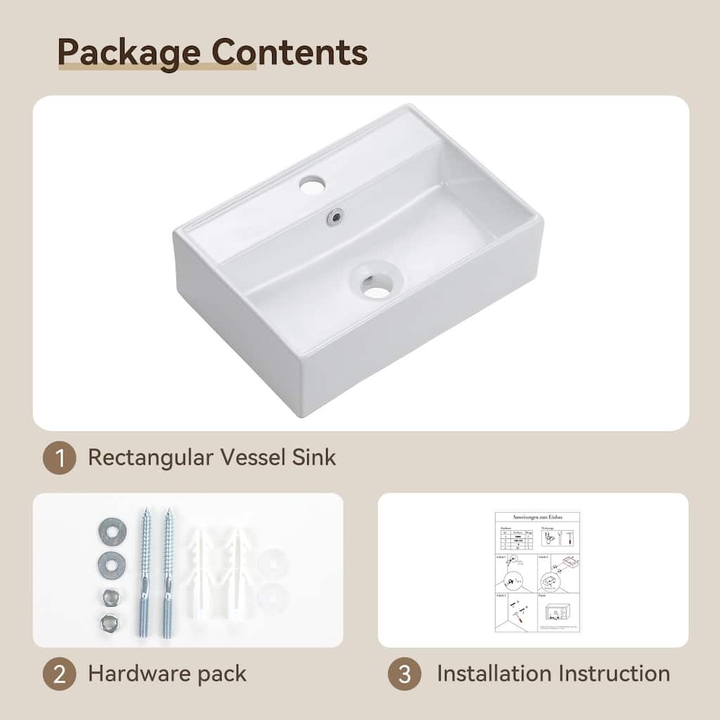HOROW Rectangular Wall-Mount Install or On Countertop Bathroom Sink 17.72 in. with Single Faucet Hole in White