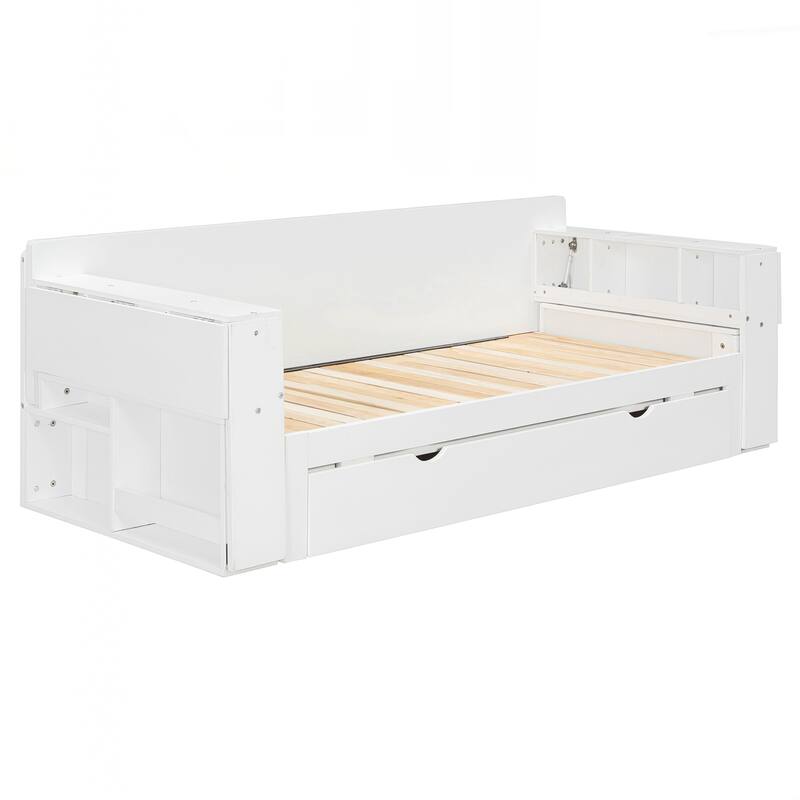 Queen Size Daybed with Removable Desk, Storage Drawers & Hydraulic Side Table
