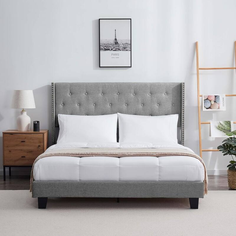 Nestl Bed Frame with 10" Green Tea Graphite Memory Foam Mattress and Headboard Wingback