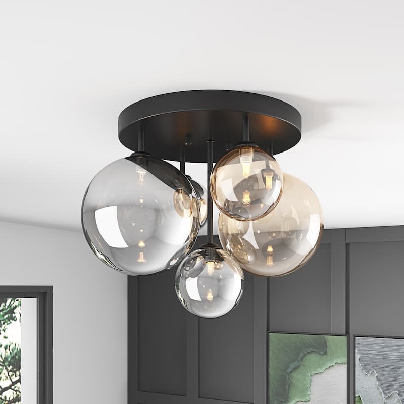 Modern Grey and Brown 5-Light Semi Flush Mount Ceiling Light with Globe Glass Lampshade