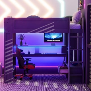 Full Gaming Loft Bed wDesk,Shelves,LED,Charging Station,Dark Grey