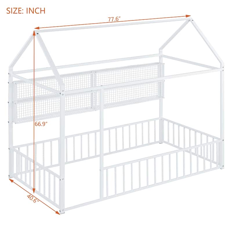 Twin Metal House Bed Frame with Storage Shelves & Fence