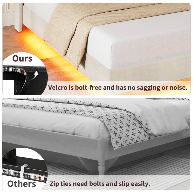 Full/Queen Floating Bed Frame with LED Lights & Charging Station, Upholstered Platform Beds with Storage Headboard
