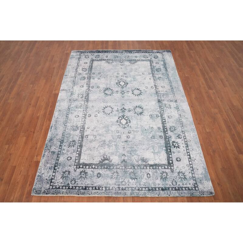 Hand Knotted Oriental Viscose Silk Carpet Transitional All-Over Multi-Colored Oushak Area Rug - 7' 10'' X 5' 7''