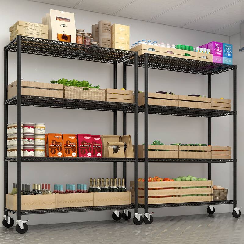 Black Adjustable 4-Layer Metal Storage Rack with Lockable Casters for Home and Commercial Use