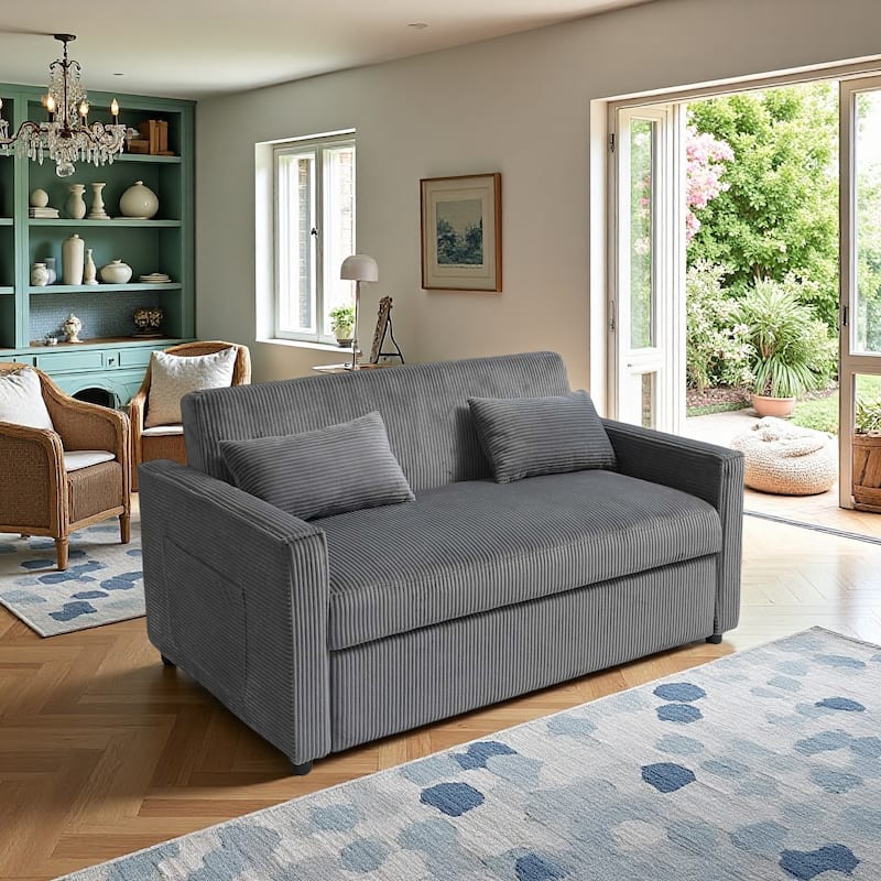 Velvet Sleeper Sofa with Adjustable Backrest, Pull-Out Loveseat Sofa Bed Couch with Storage & Lumbar Pillows