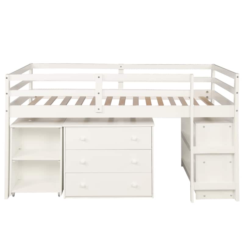 Low Study Loft Bed with Cabinet and Rolling Portable Desk