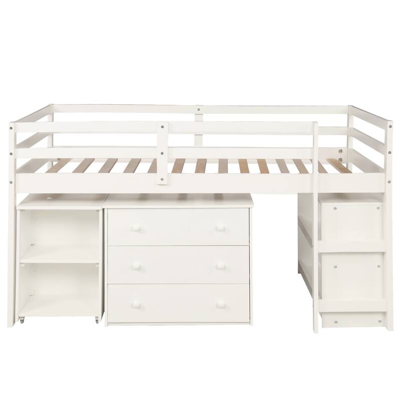 Multiple Functions Low Loft Bed with Cabinet, Shelves and Rolling Portable Desk
