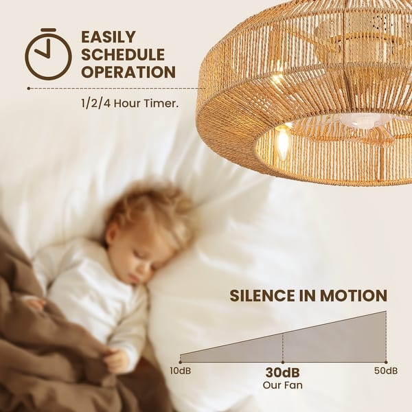 dimension image slide 0 of 4, Boho Smart Gold Rattan Caged Drum Flush Mount Ceiling Fan
