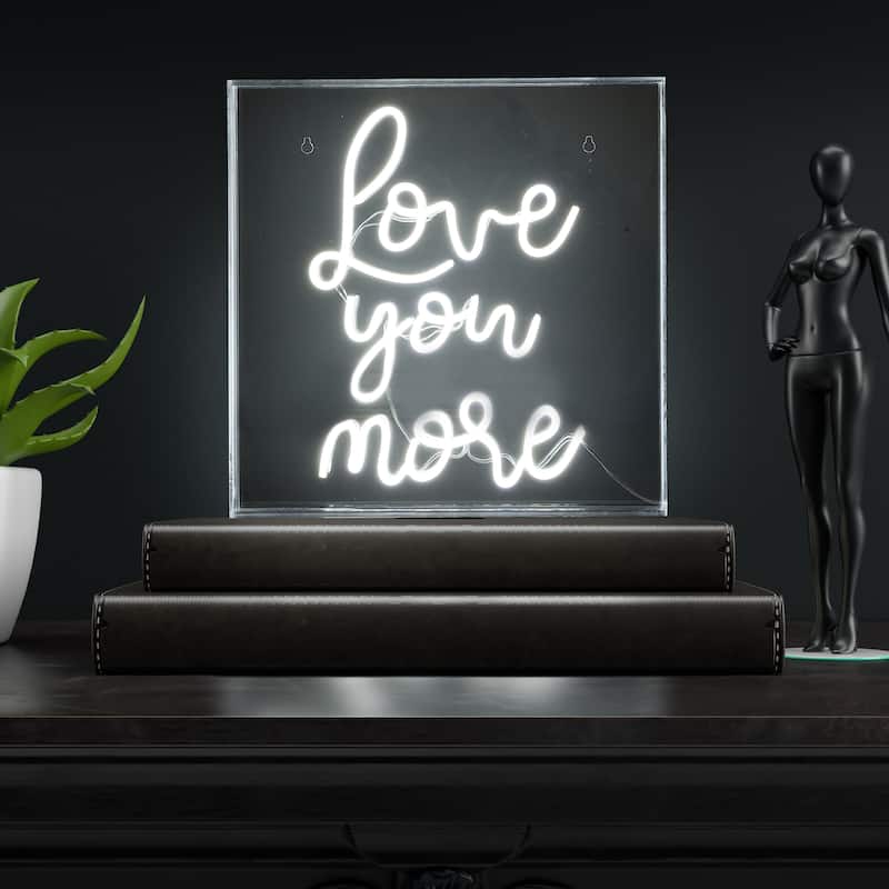 Love You More 15" Square Contemporary Glam Acrylic Box USB Operated LED Neon Light, White by JONATHAN Y