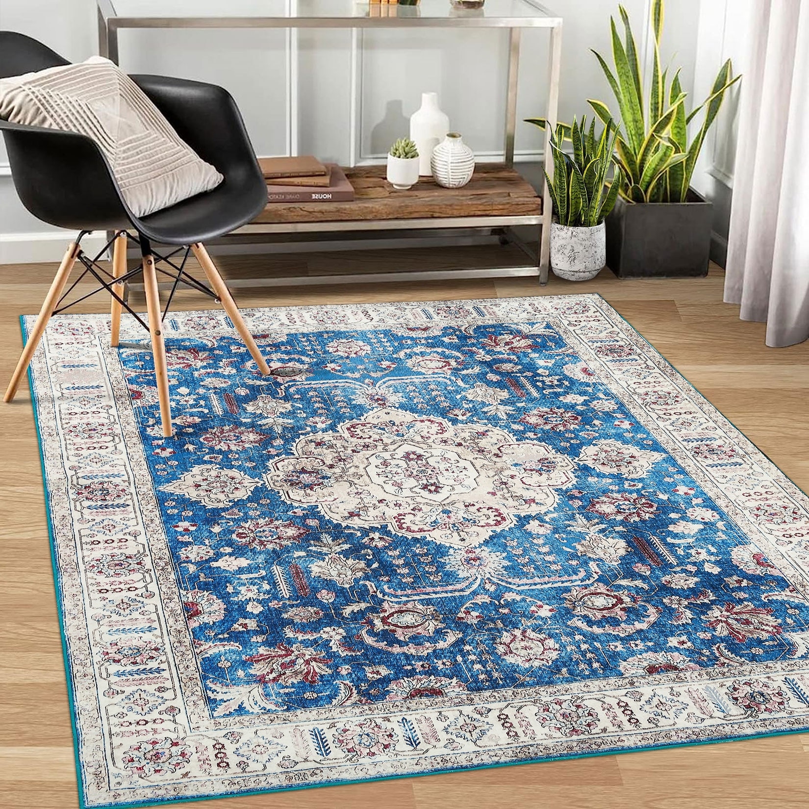 Vintage Medallion Area Rug Floral Print Rug Soft Non-Slip Low Pile Rug Washable Rugs for Living Room Bedroom