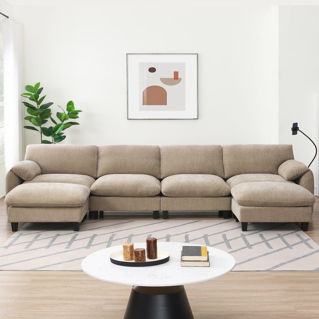 140" Modular U-Shape 6 Seat Sectional Sofa with USB and Type-C Charger, Phone Holder and 2 Side Storage Pockets and 2 Ottoman