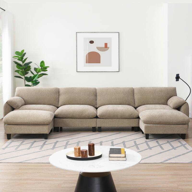 140-Inch Chenille Sectional Sofa with USB and Type-C Charging Ports, Phone Holders, Side Storage Pockets, Movement Ottomans