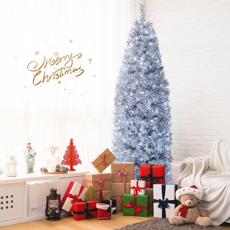 Gymax 7ft Pre-Lit Artificial Christmas Tree Hinged Slim Pencil Xmas