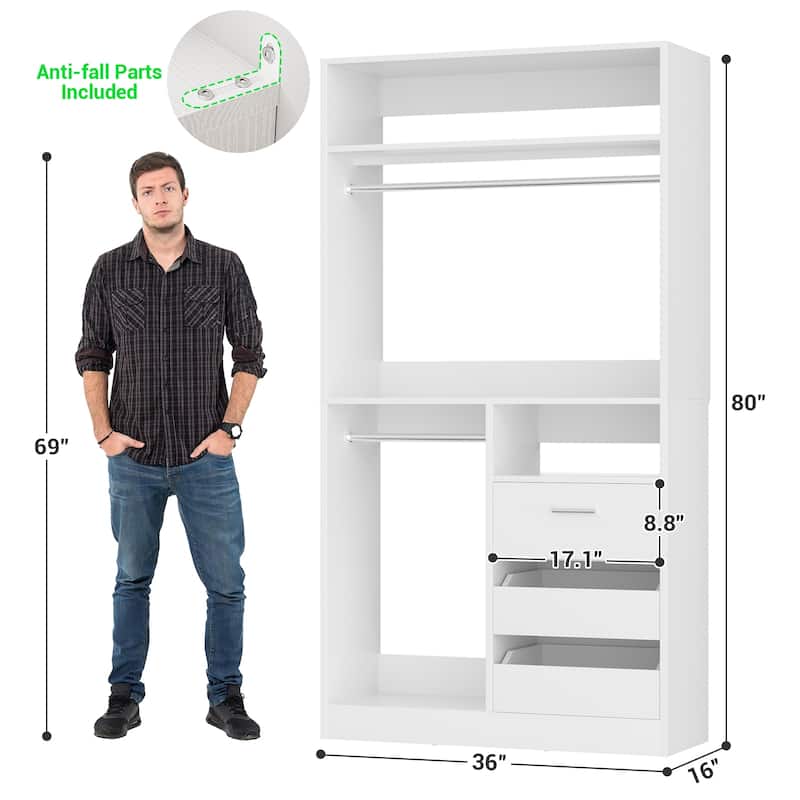 Qvella 72"-108" Closet System with Drawers and Hanging Rods,Freestanding Walk-in Closet Organizer System Wardrobe Closet Tower