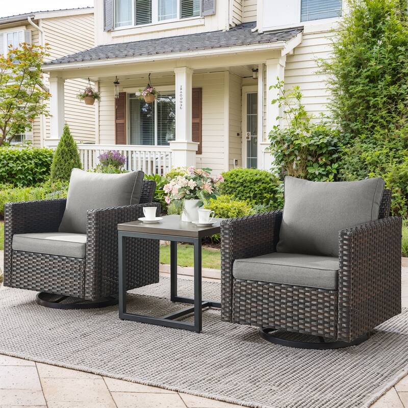 3 Pieces Outdoor Swivel Patio Chairs with Side Table - Brown - Grey