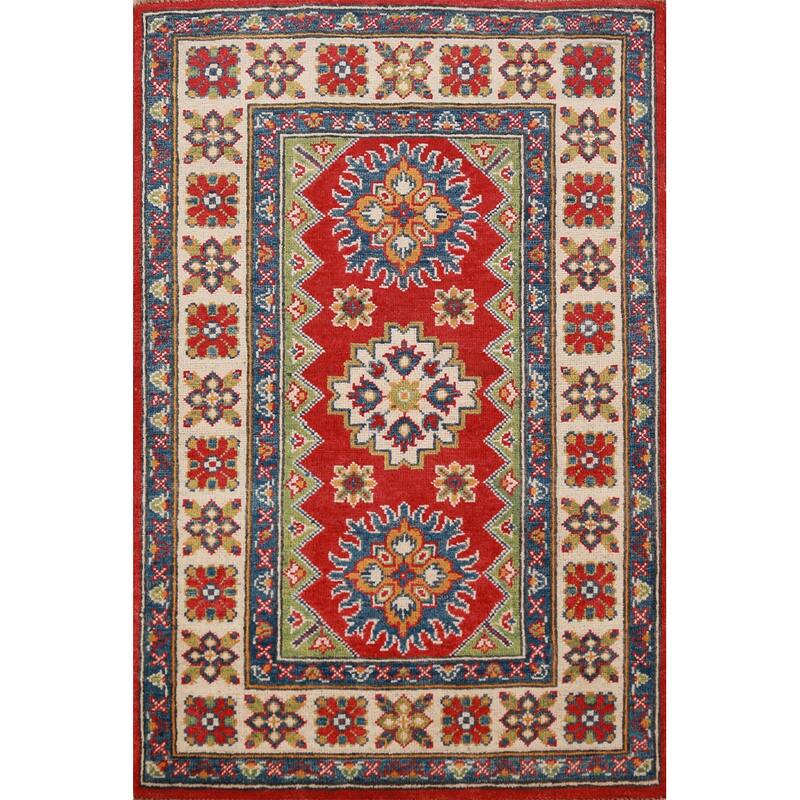 Red Kazak Foyer Rug Hand-Knotted Accent Geometric Wool Carpet - 2'8"x 4'0"