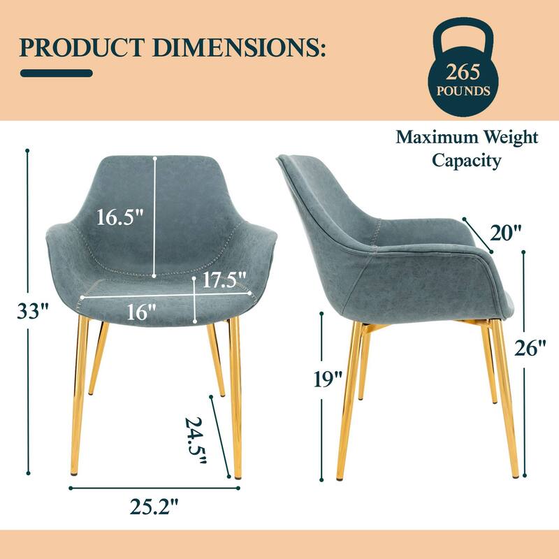 Markley Modern Leather Dining Armchair Set of 2 With Gold Metal Legs Accent Side Chair