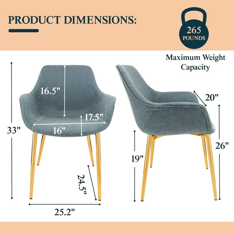Markley Modern Leather Dining Armchair Set of 4 With Gold Metal Legs Accent Side Chair
