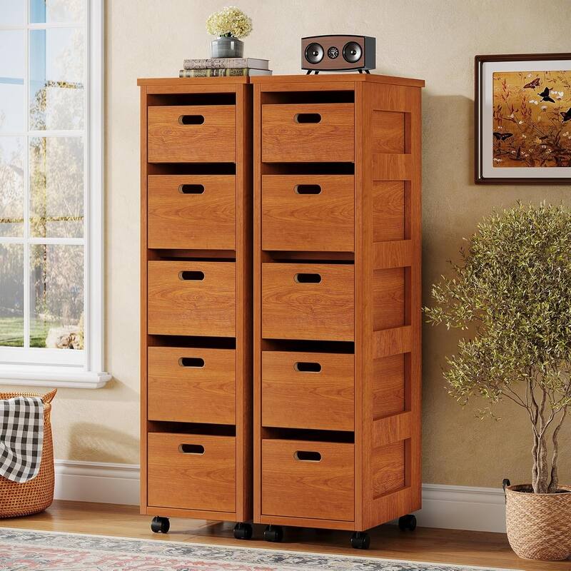5 Drawers Narrow Wood Storage Drawer Units with Wheels. Tall Narrow Wood Organizer Tower for Bedroom, Living Room, Hallway