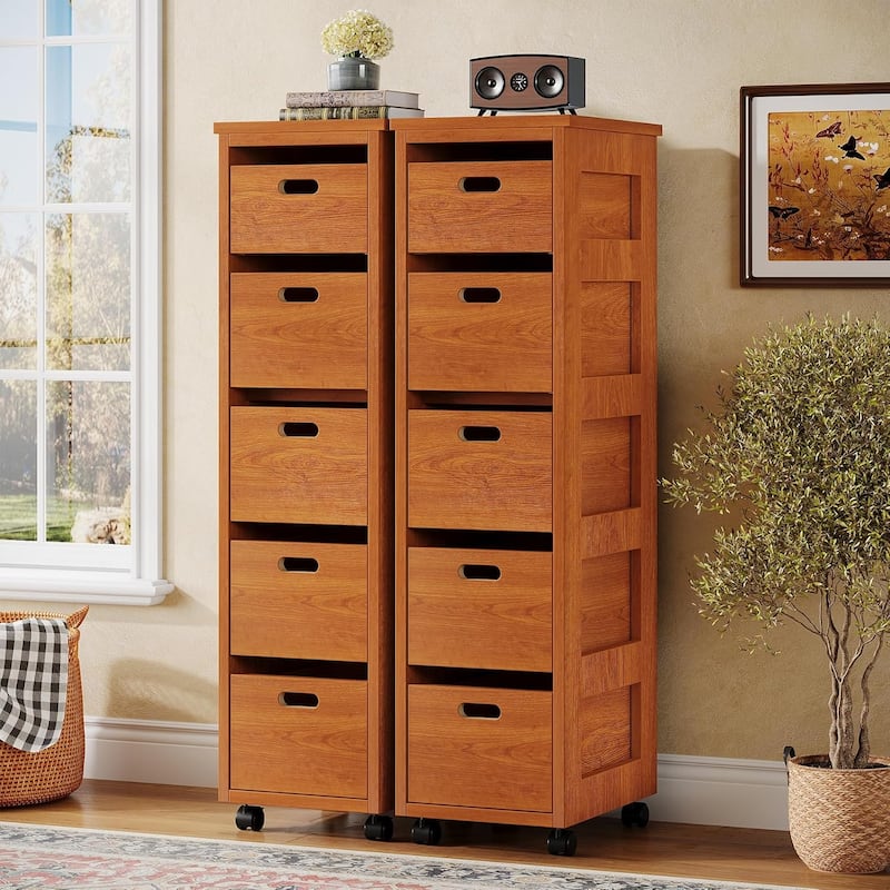 5 Drawers Slim Vertical Storage Drawer Units with Wheels, Tall Narrow Wood Organizer Tower for Bedroom, Living Room, Hallway