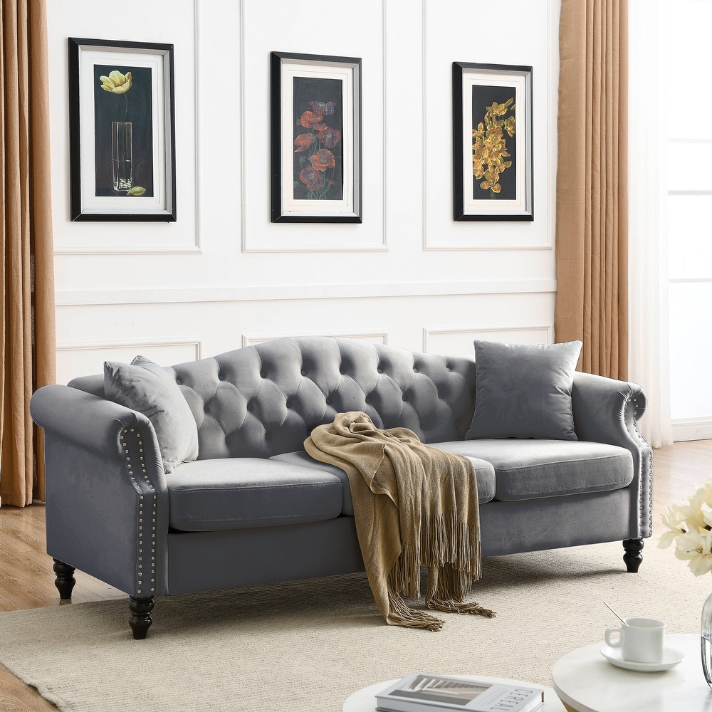 Grey couch shop with nailhead trim