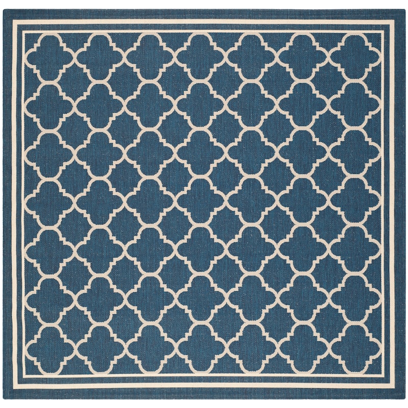 SAFAVIEH Courtyard Kristelle Indoor/ Outdoor Waterproof Patio Backyard Rug - 5'3" Square - Navy/Beige