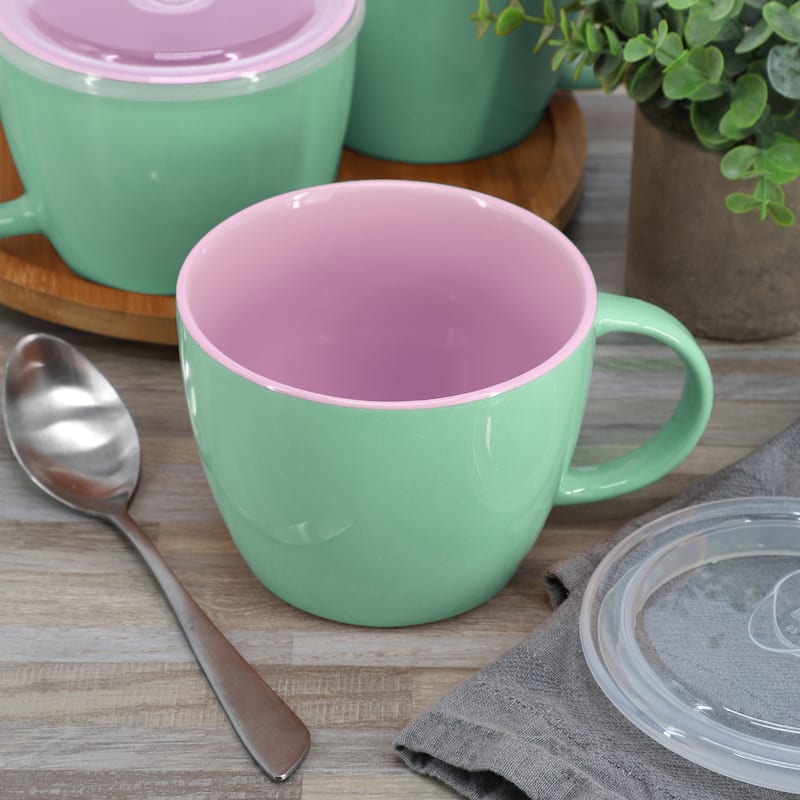 Gibson Home On The Go 4 Piece 25 Ounce Stoneware Soup Cup Set with Lid in Mint