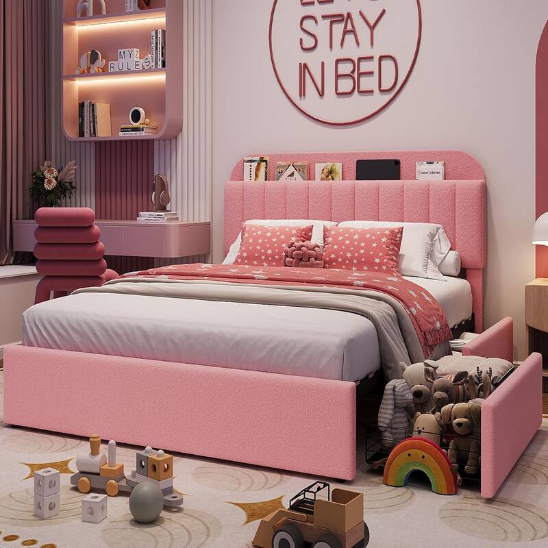 Bed Frame with 2 Drawers, Boucle Upholstered