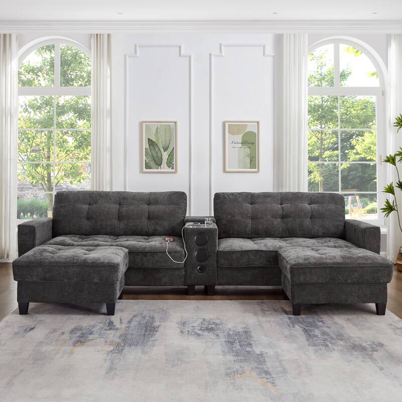 Roomfitters 126 Inch U-Shaped Modular Sectional Sofa with Storage Ottomans and Bluetooth Console - Grey