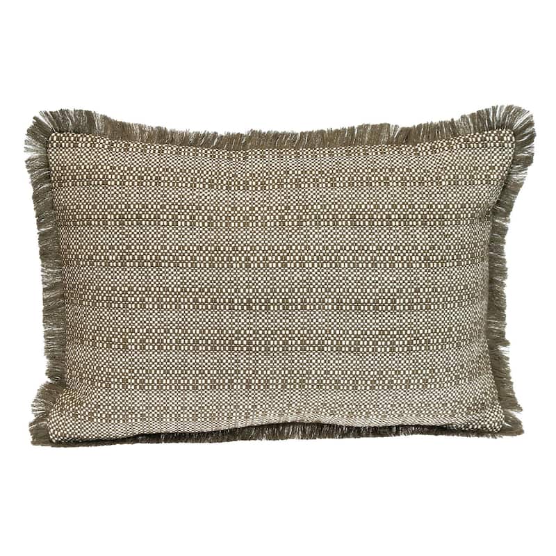 14" X 20" Green and White Cotton Lumbar Throw Pillow with Fringe