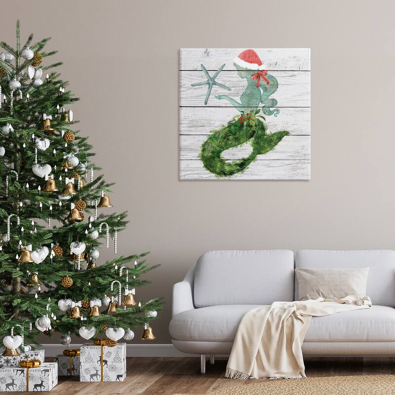 Stupell Christmas Mermaid Winter Holly Floral Pine Canvas Wall Art